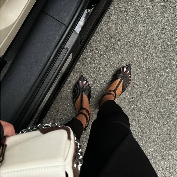 Black Leather Slingback Sandals with Cage Design - Picture 3 of 6